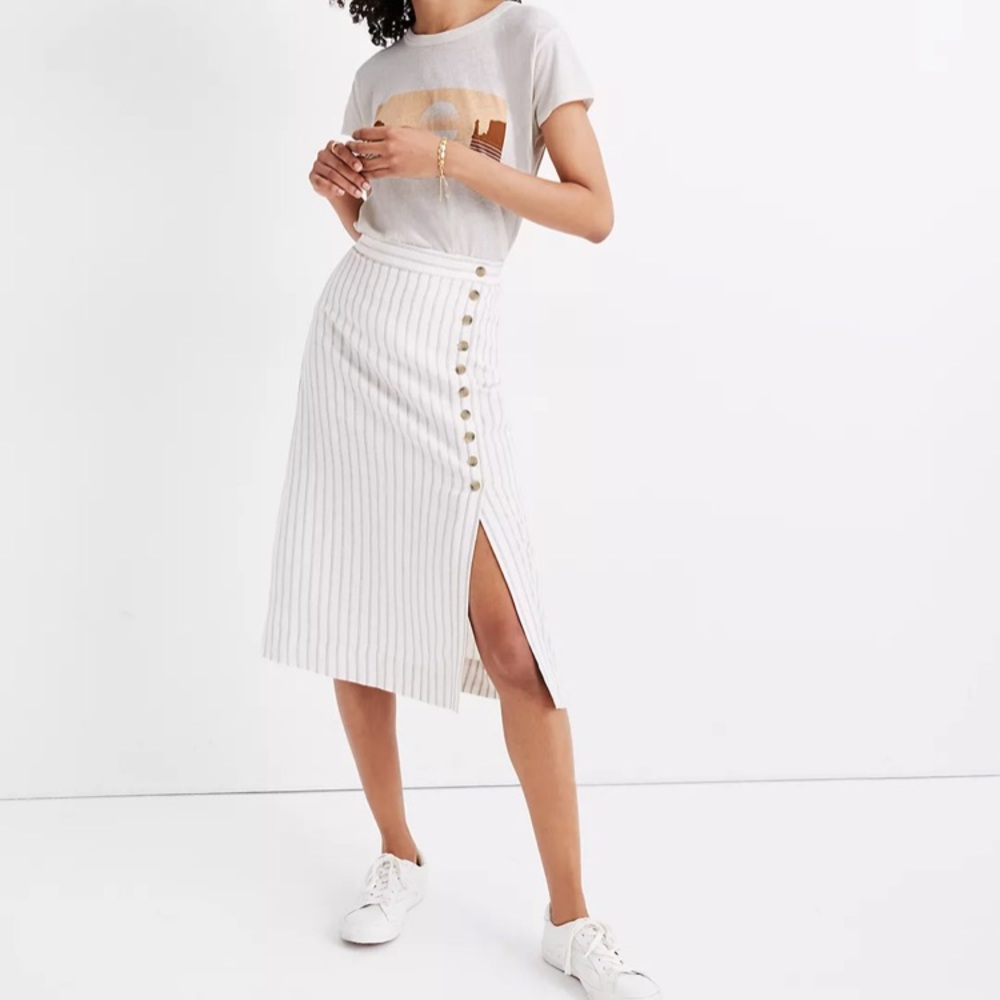 Madewell Side-Button Midi Skirt in Pinstripe 0 summer white linen stripe